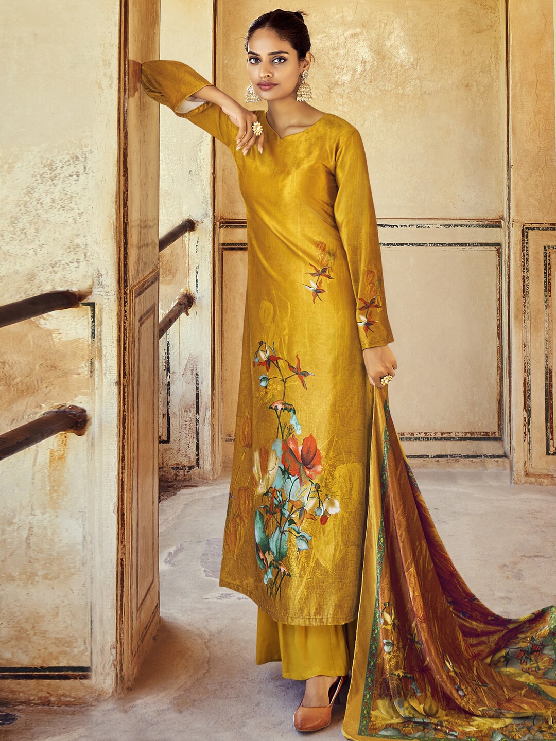 

Stylee LIFESTYLE Printed Velvet Unstitched Dress Material, Yellow