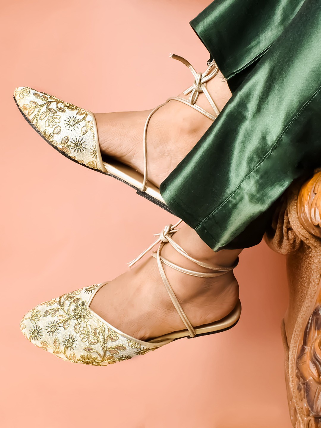 

Women Ethnic Mules with Embroidered Cushioned Flats, Gold