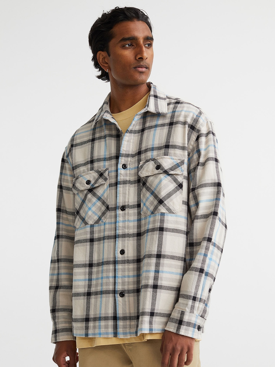 

H&M Men Cotton Relaxed Fit Overshirt, Beige