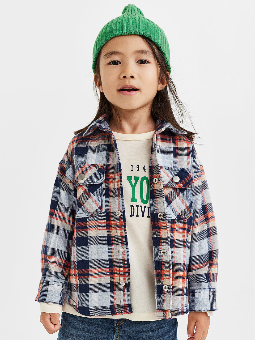 

H&M Girls Checked Oversized Twill Over Shirt, Blue