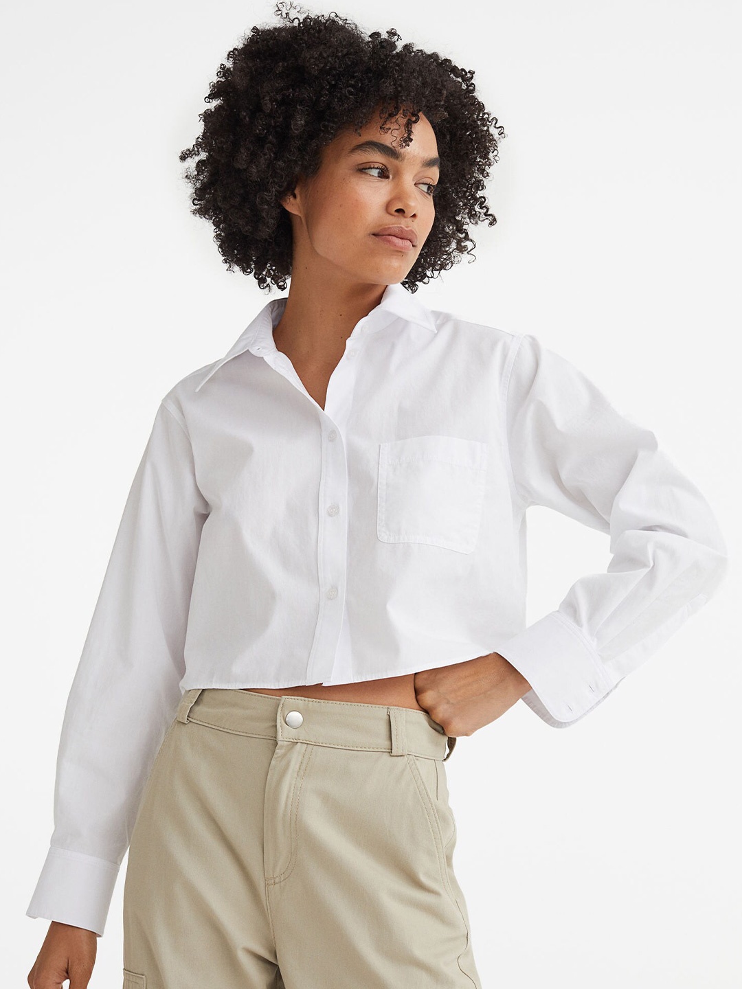 

H&M Women Solid Cotton Cropped Casual Shirt, White