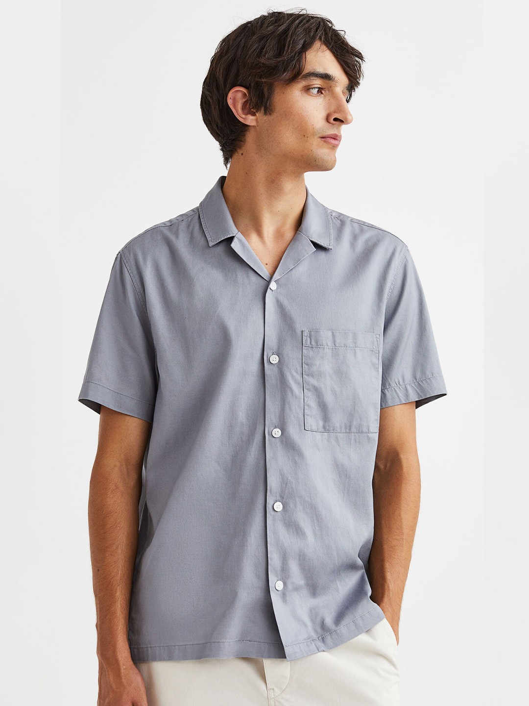 

H&M Men Grey Solid Regular Fit Twill Resort Shirt
