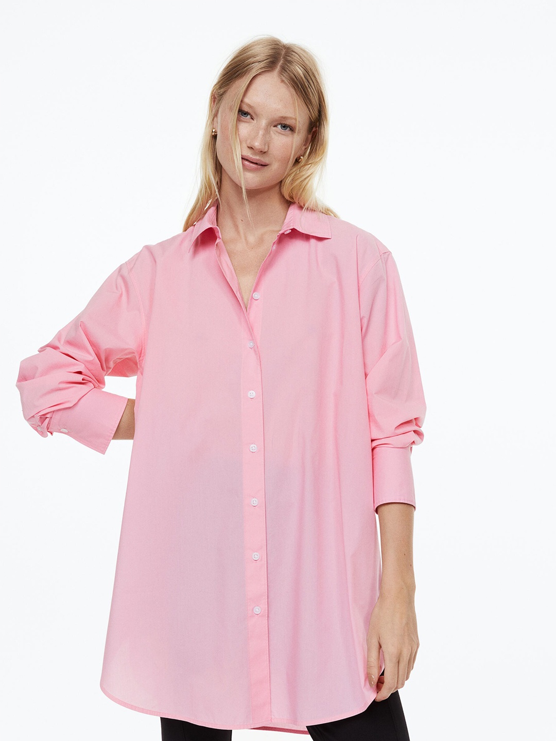 

H&M Women Pink Solid Long Cotton Shirt