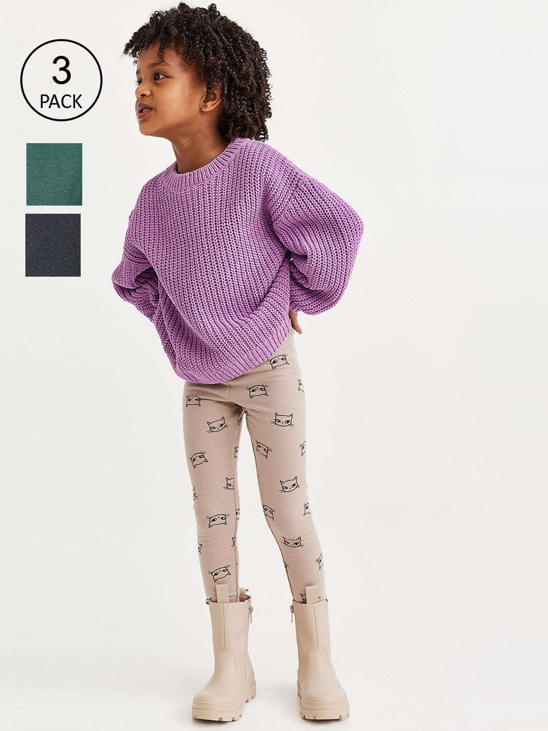 

H&M Girls 3-Pack Cotton Leggings, Beige