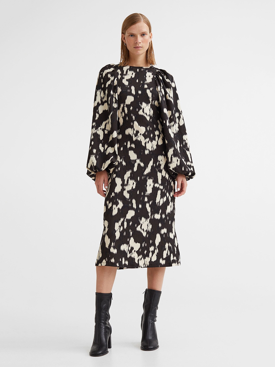 

H&M Women Patterned Balloon-Sleeved Dress, Black
