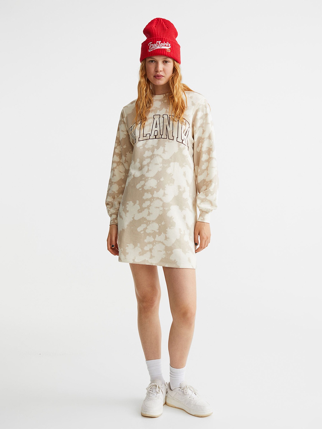 

H&M Women Beige Patterned Sweatshirt Dress