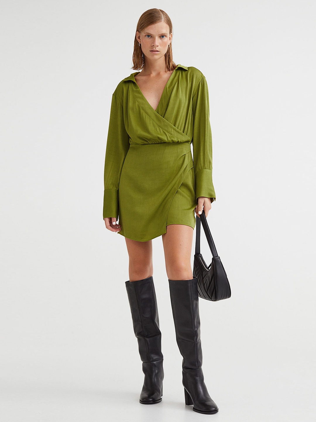 

H&M Olive Green Solid Short Wrapover Dress