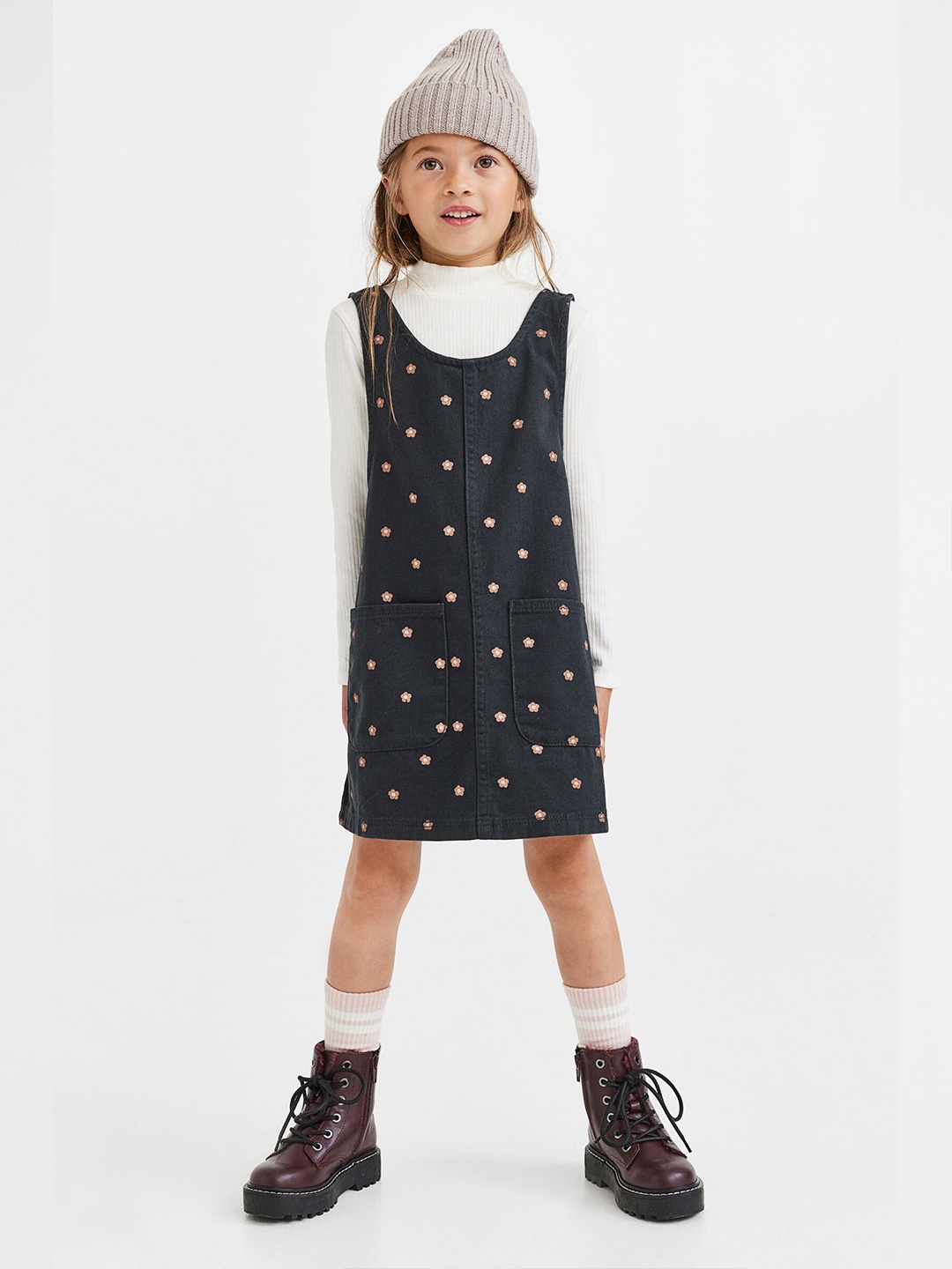 

H&M Girls Navy Blue & White Printed 2-Piece Cotton Set Dress, Black