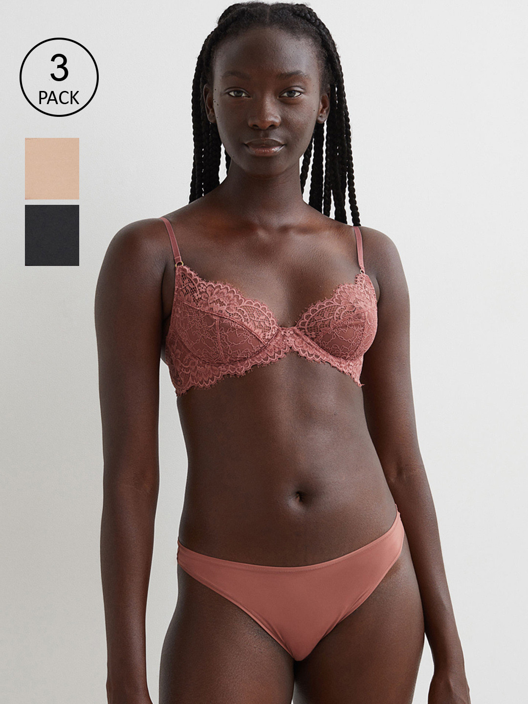 

H&M Women Solid 3-Pack Jersey Thong Briefs 1092034001, Beige