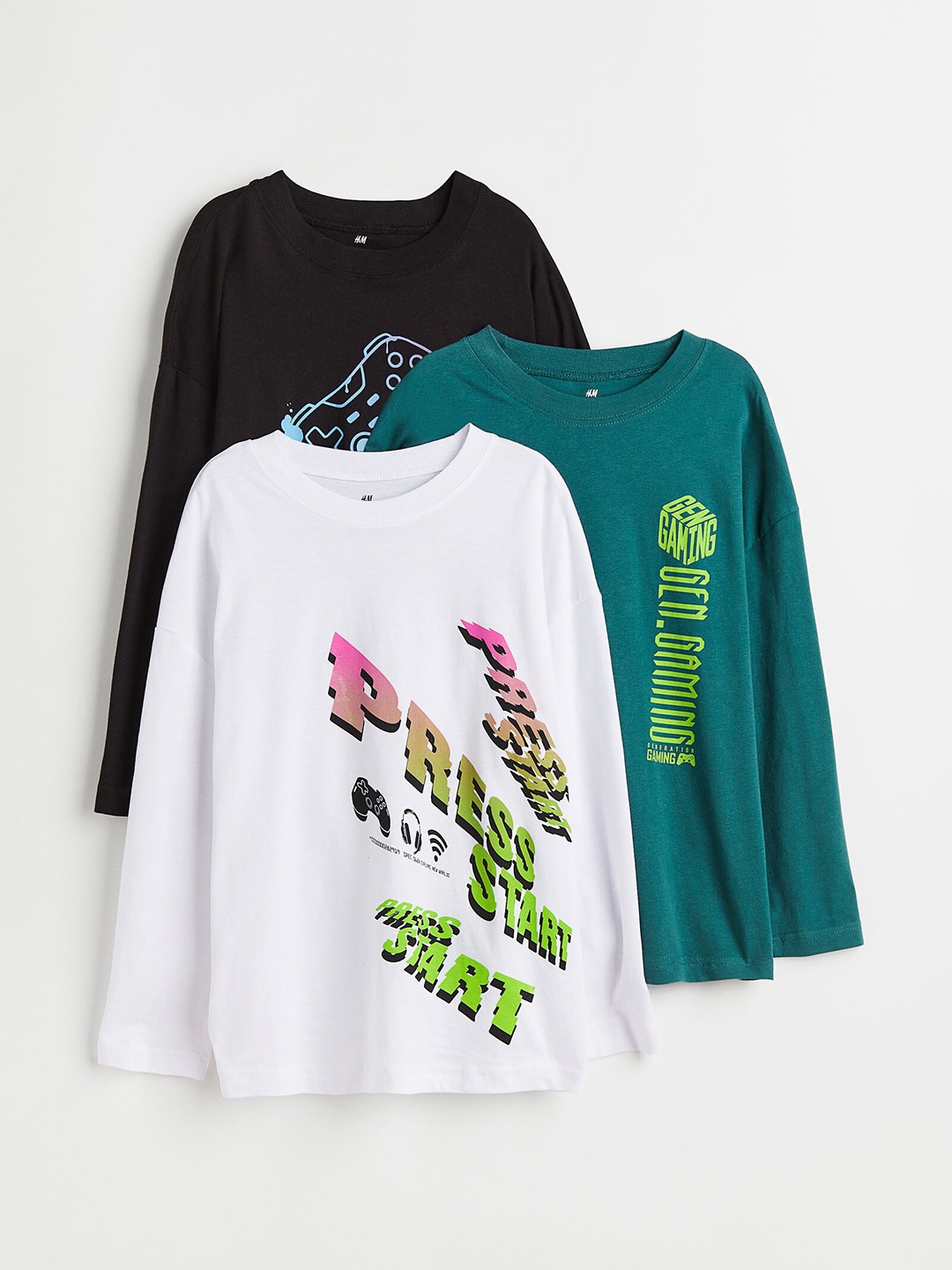 

H&M 3-Pack Long-Sleeved Printed Cotton Tops, Black