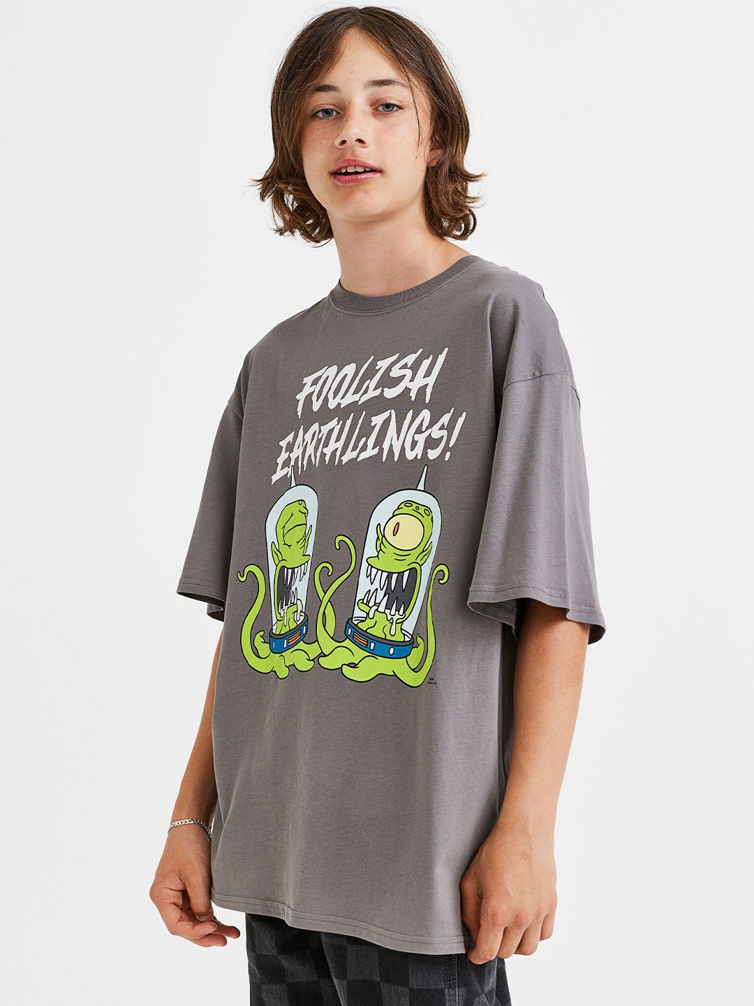

H&M Grey & White Oversized Printed Cotton T-shirt