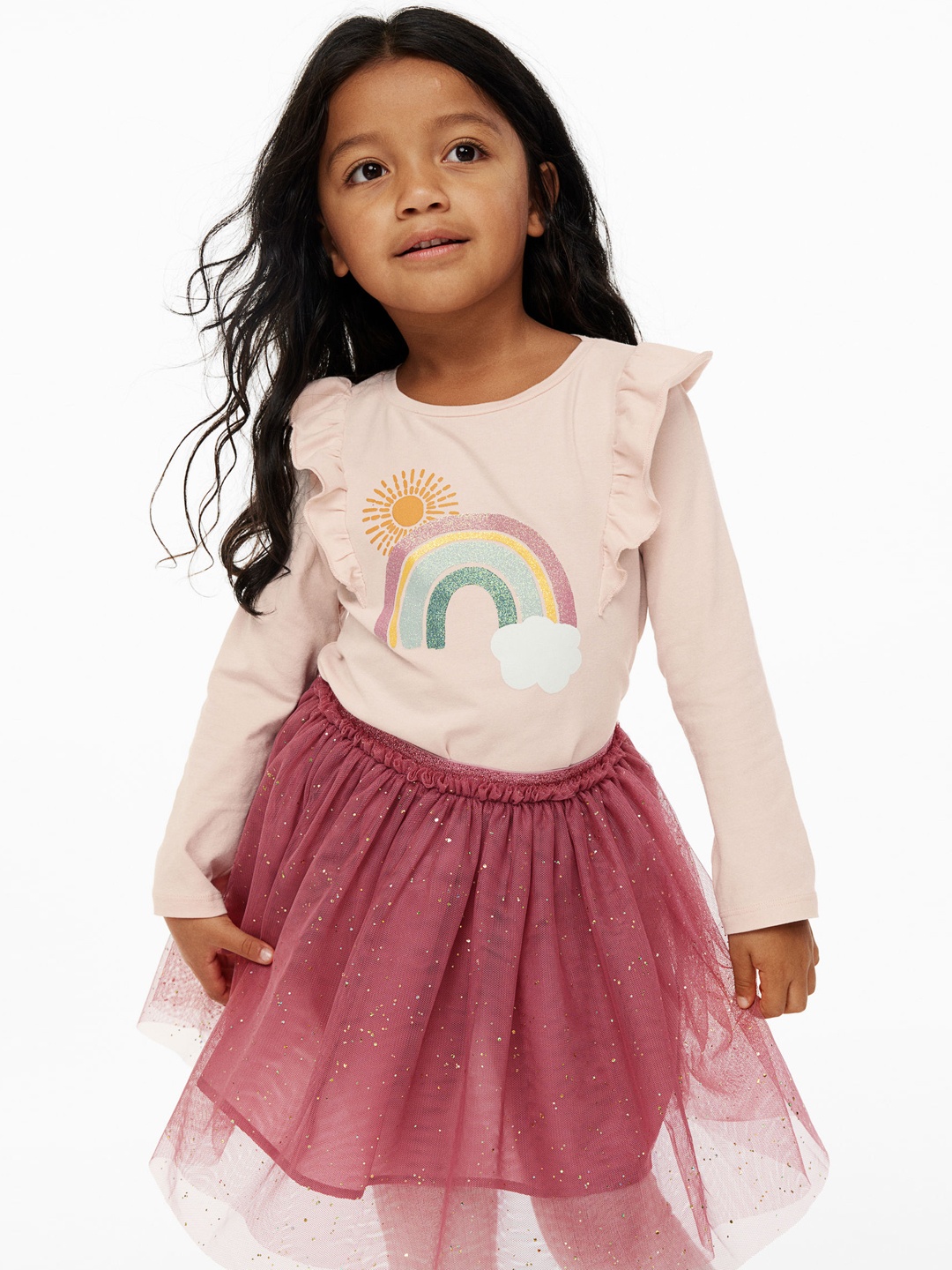 

H&M Girls Pink & Brown Printed Top With Skirt