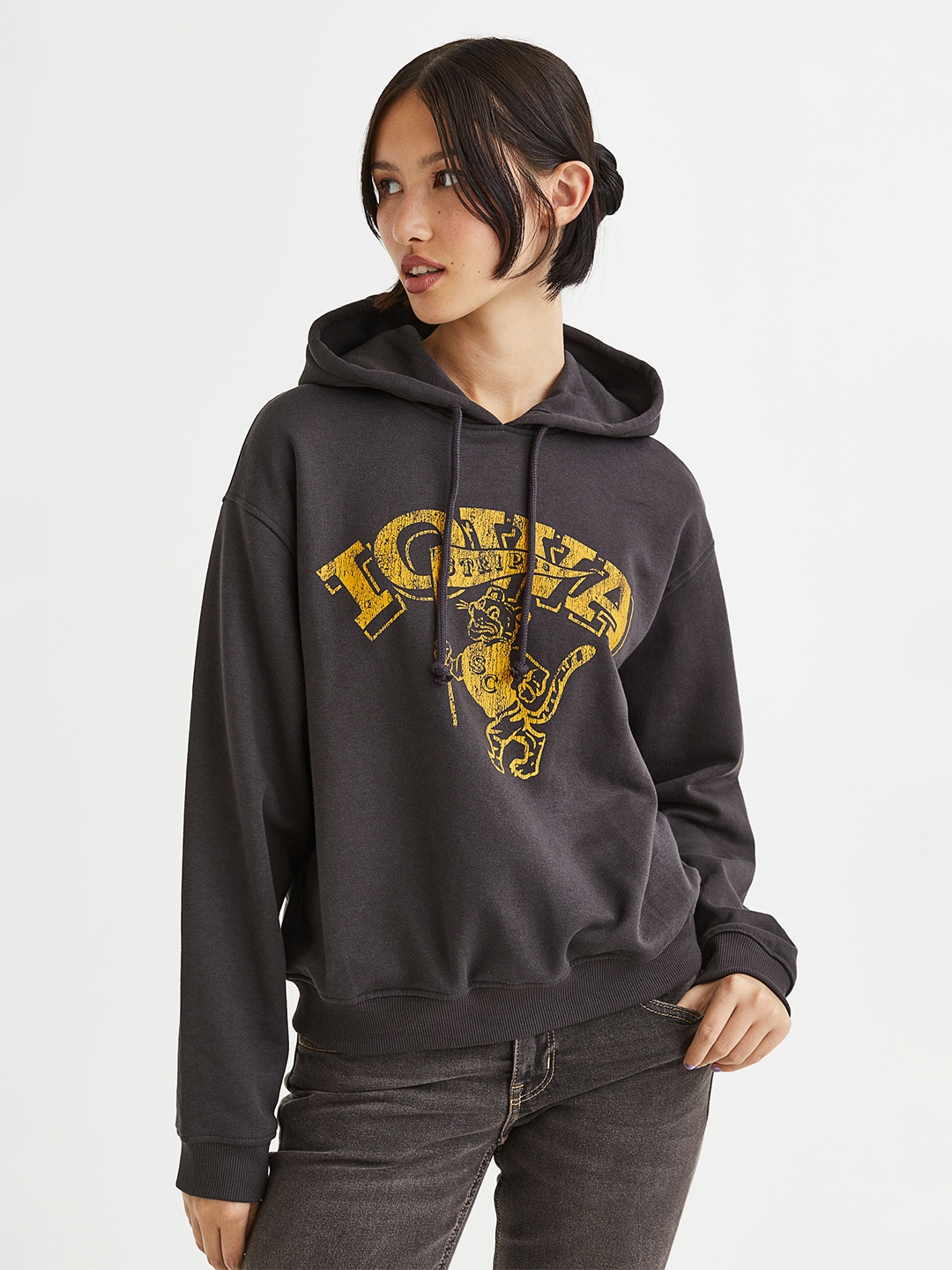 

H&M Women Charcoal Grey & Yellow Printed Hoodie