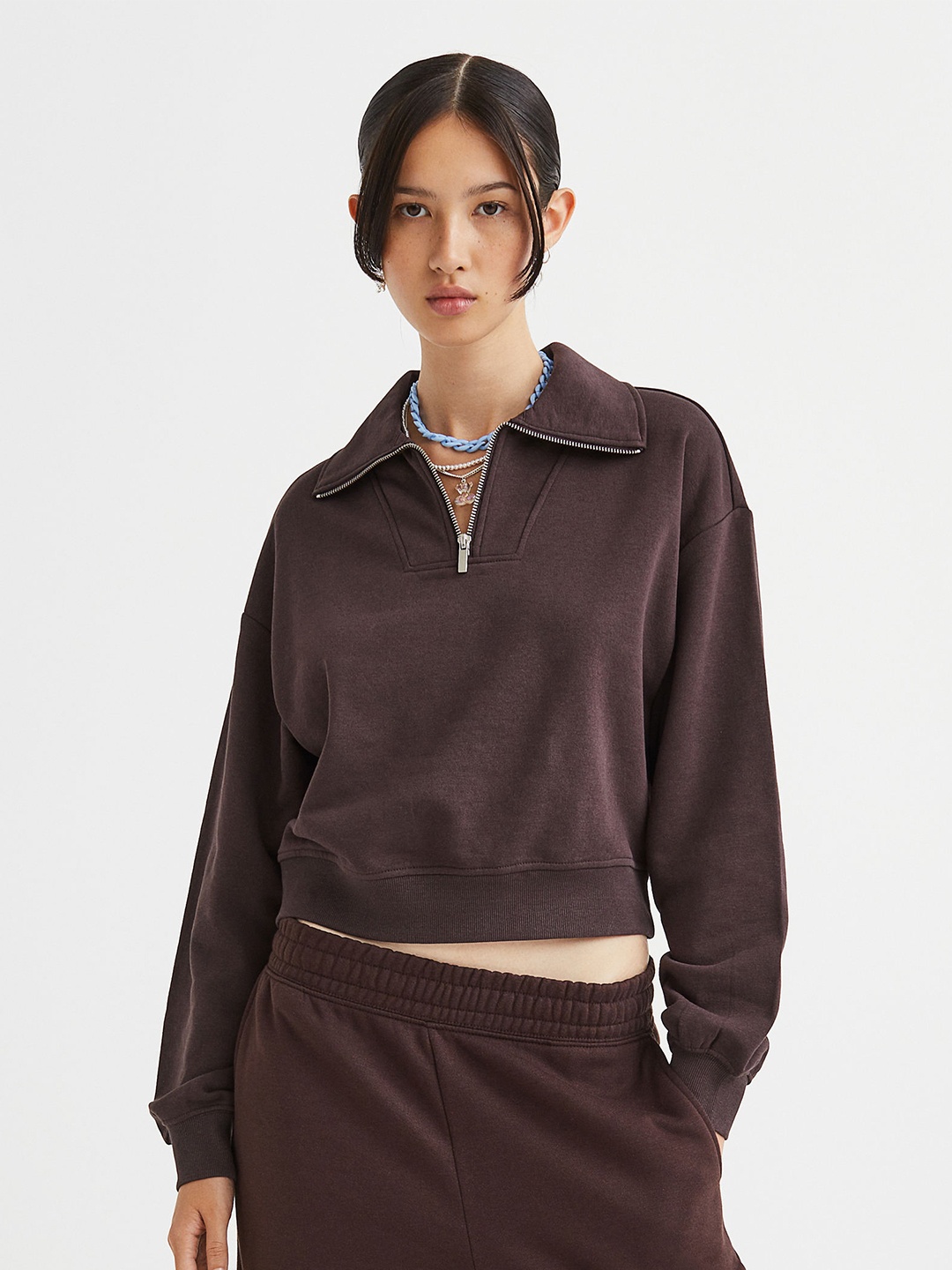 

H&M Women Brown Solid Zip-Top Sweatshirt