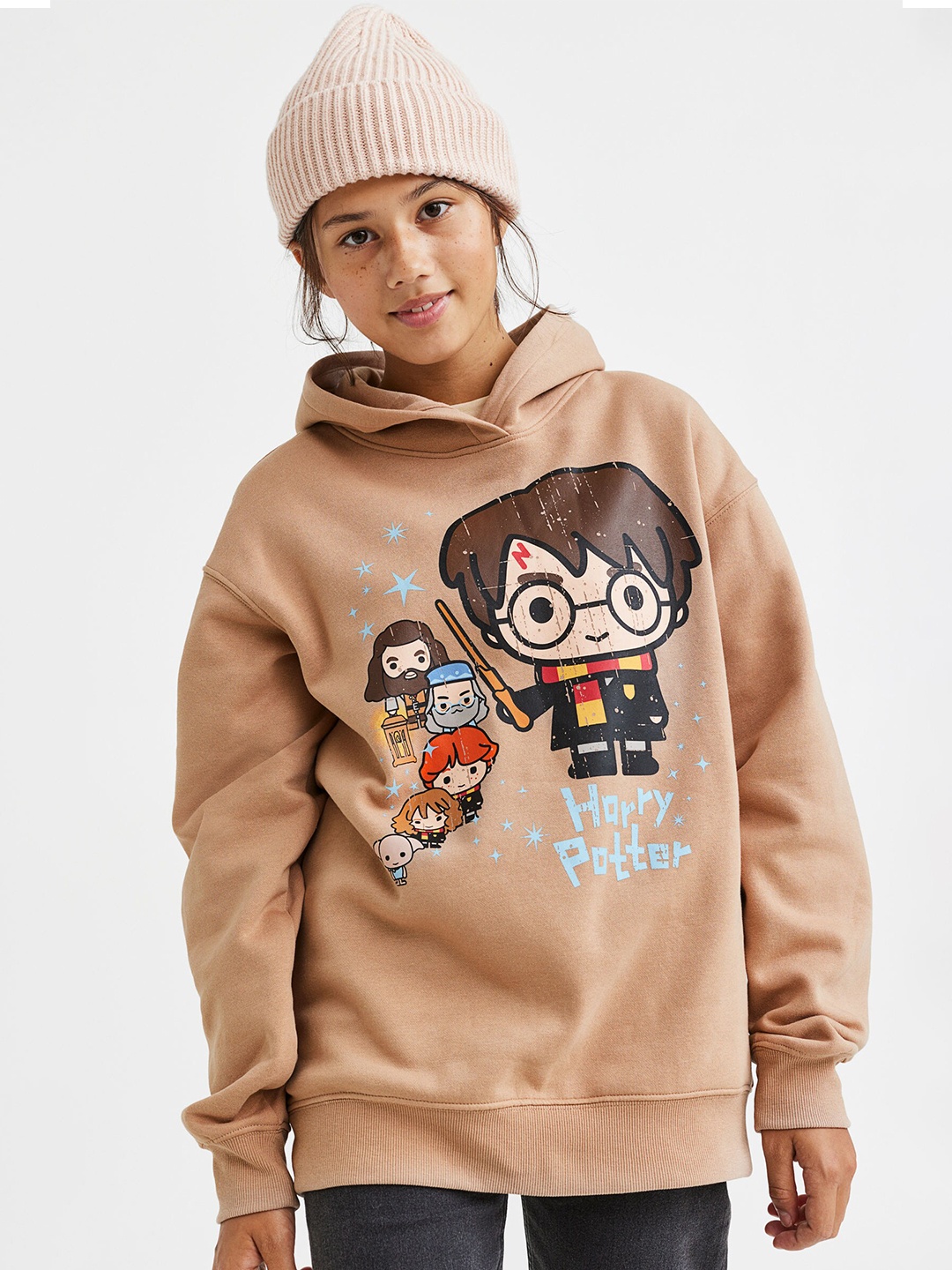 

H&M Girls Beige Harry Potter Printed Oversized Printed Hoodie