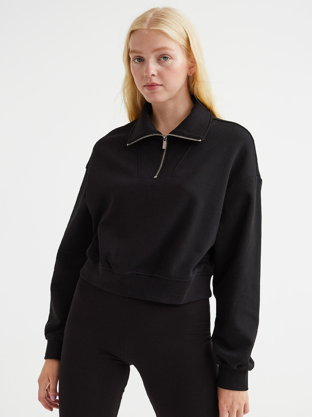 

H&M Women Solid Shirt Collar Pullover Sweatshirt, Black