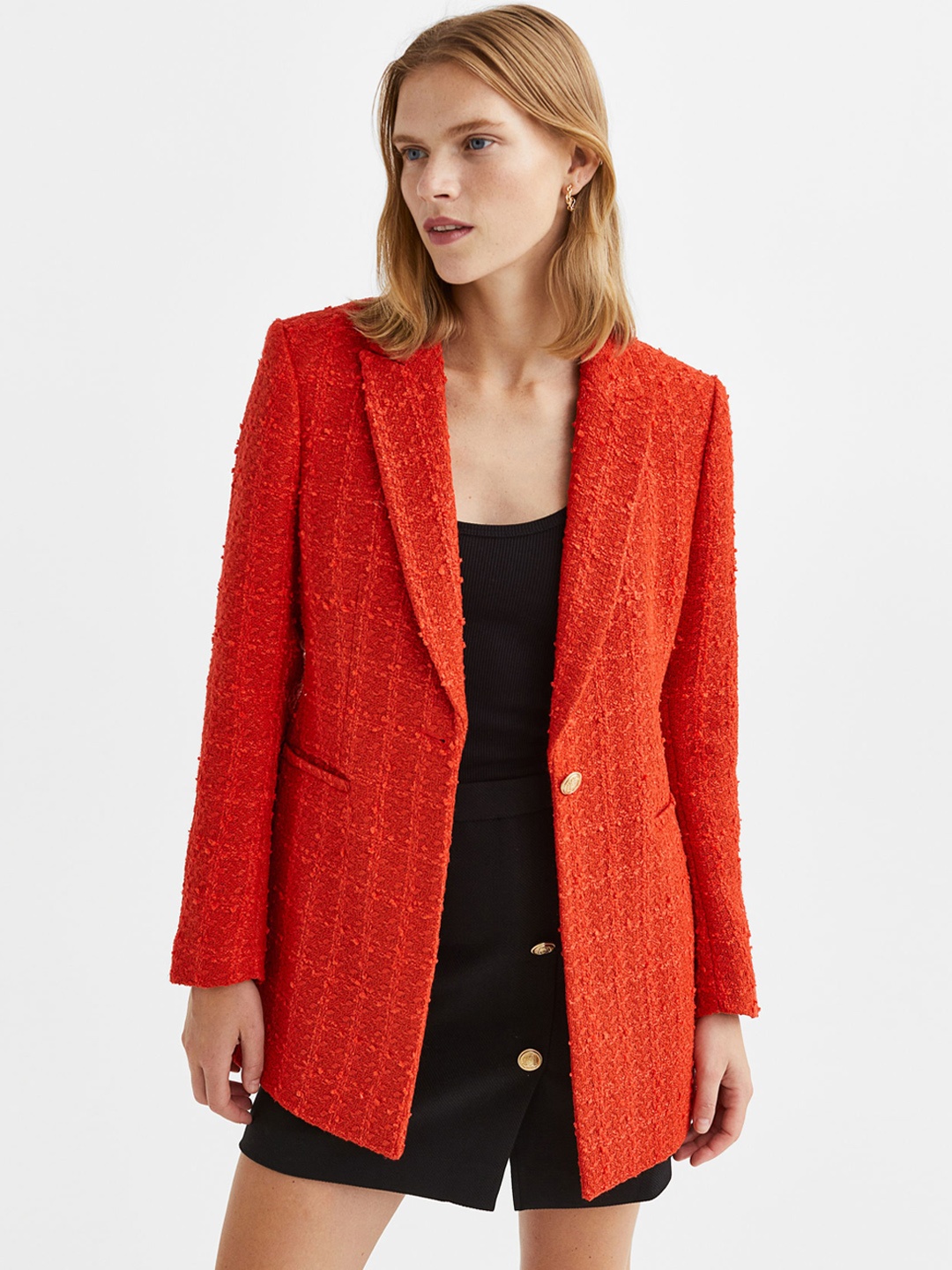 

H&M Women Textured-Weave Blazer, Orange