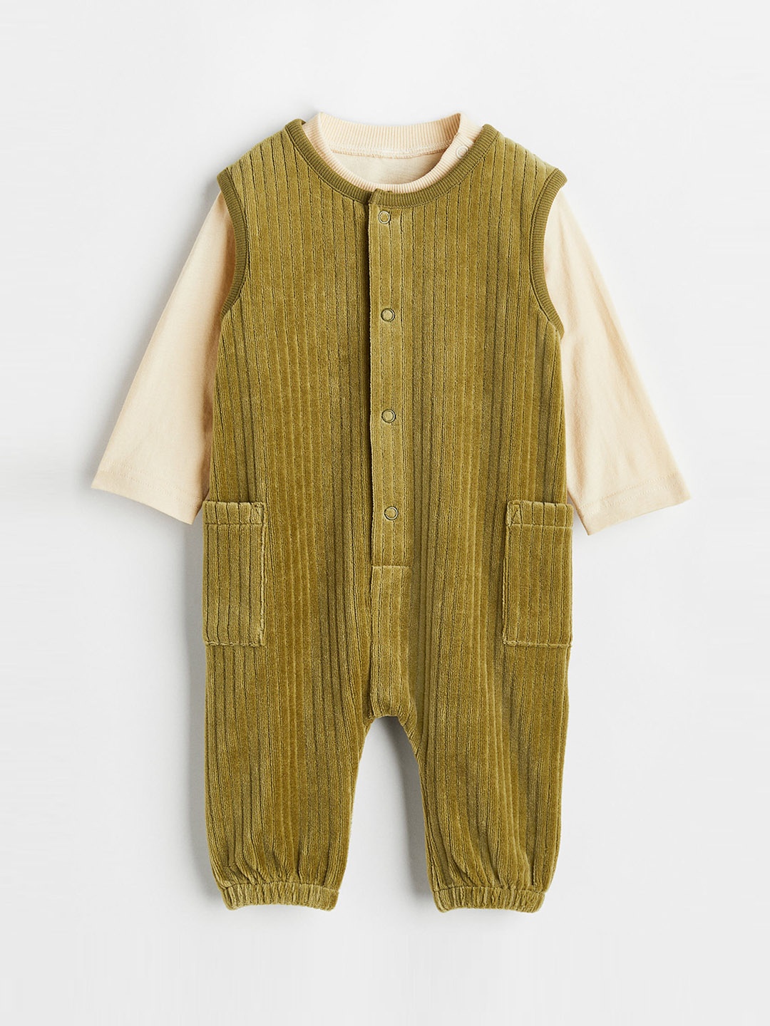 

H&M Boys Beige & Olive Green Self Design Pure Cotton Bodysuit