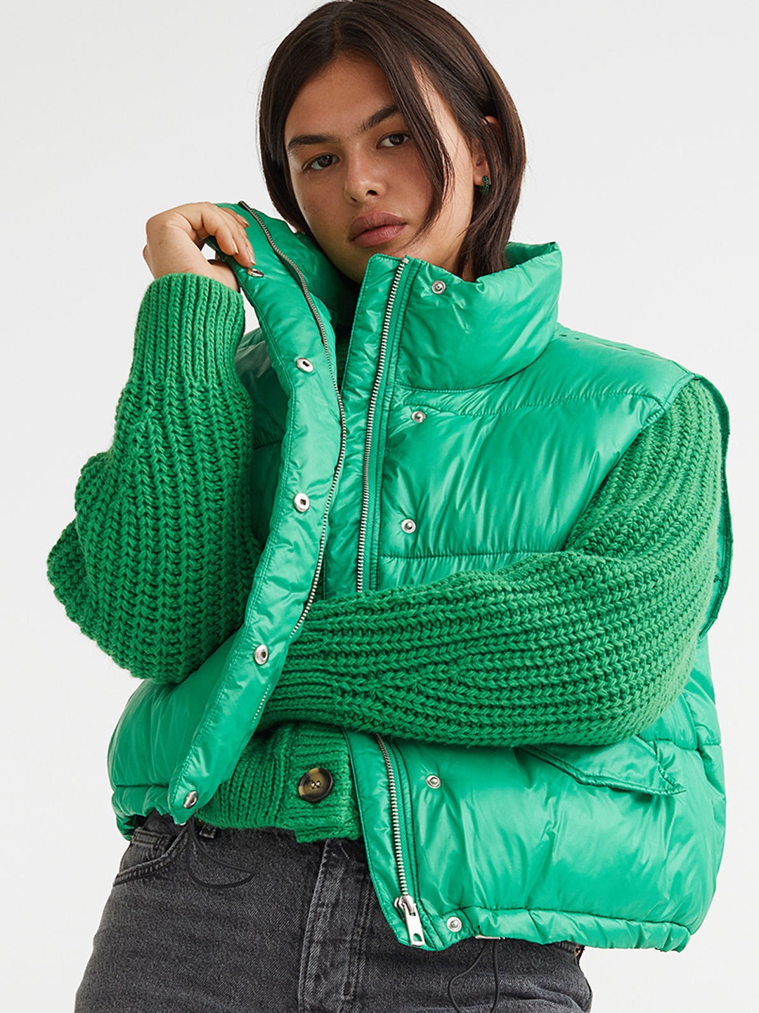 

H&M Women Stand-Up-Collar Puffer Gilet, Green