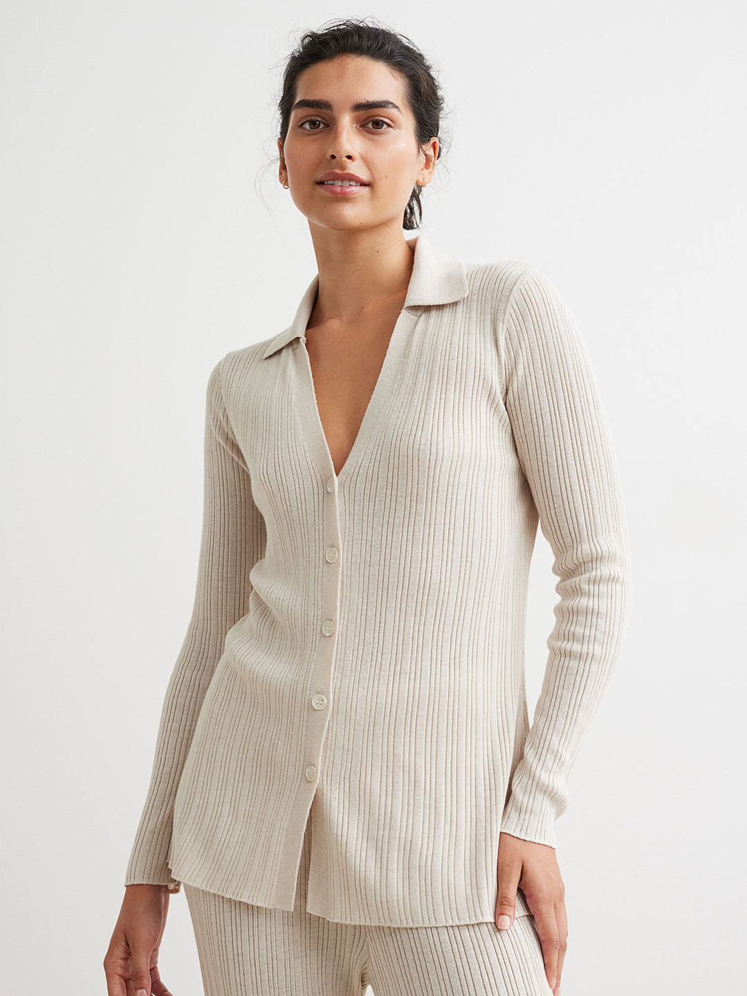 

H&M Women Ribbed Cardigan, Beige