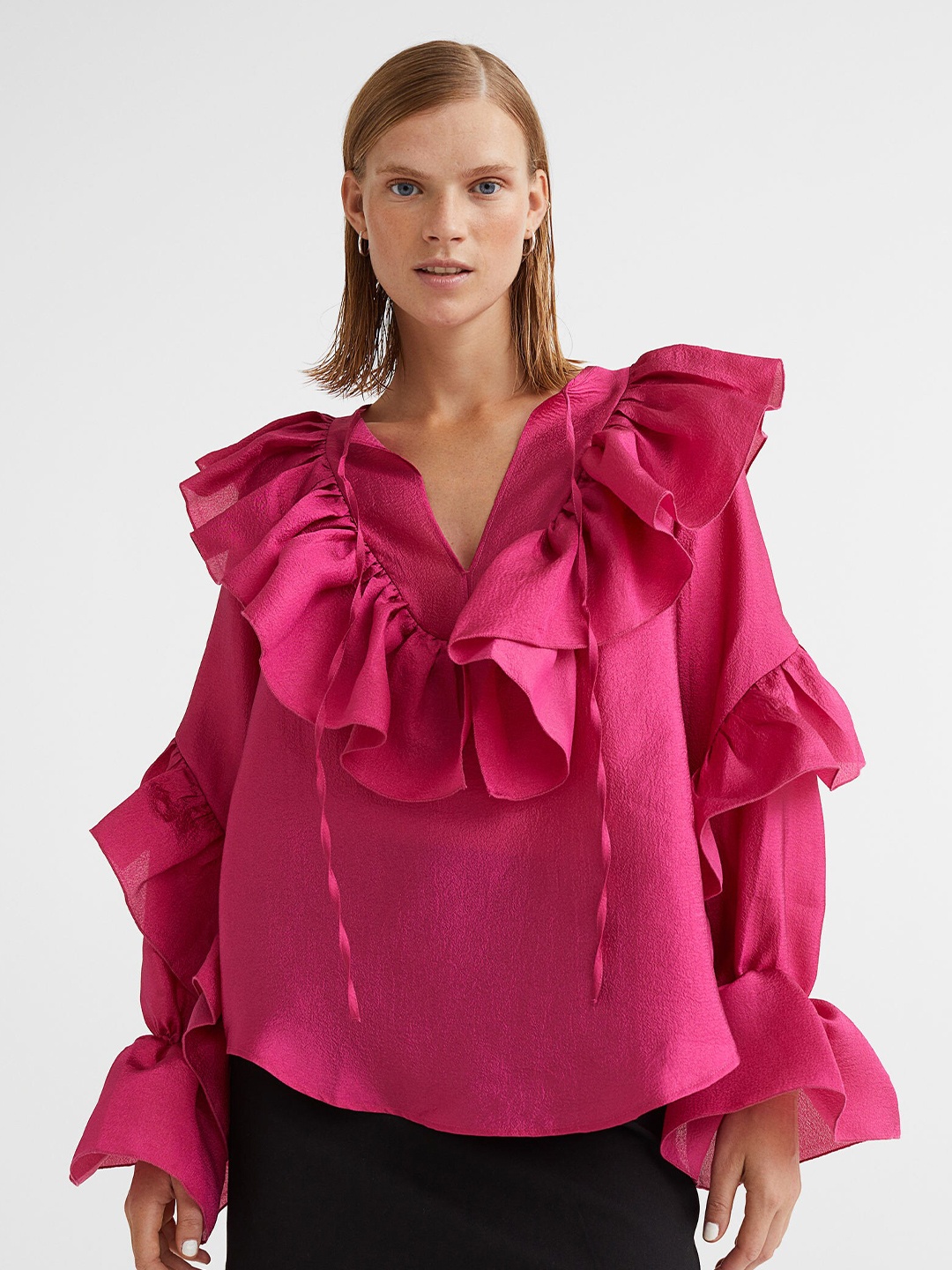 

H&M Pink Solid Flounced Blouse