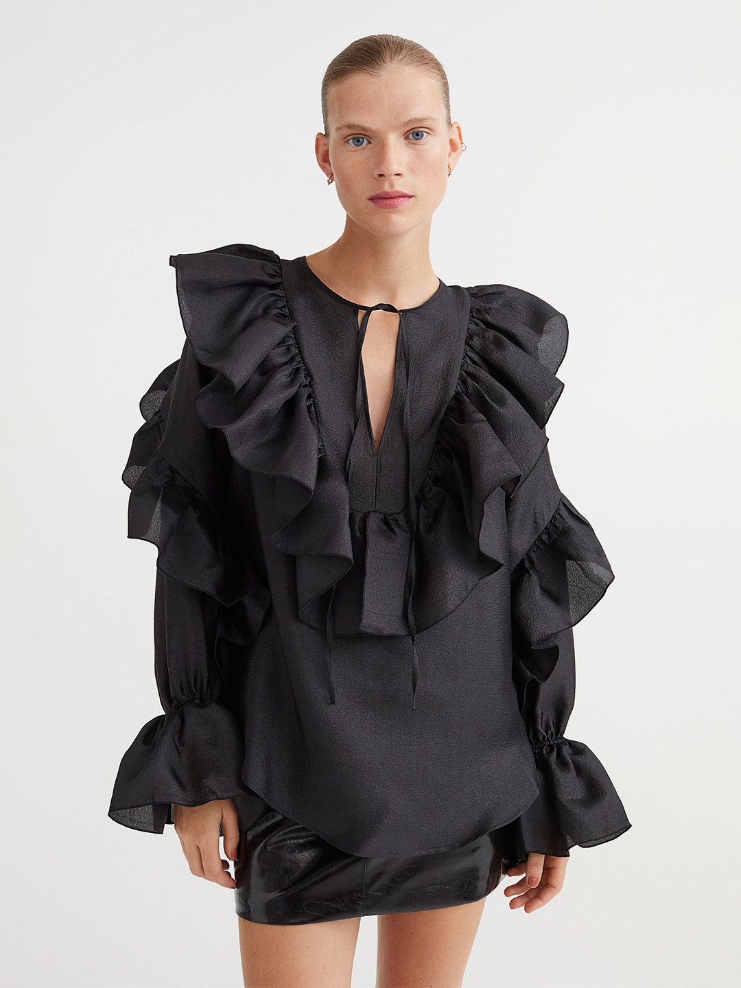 

H&M Black Tie-Up Neck Ruffles Top