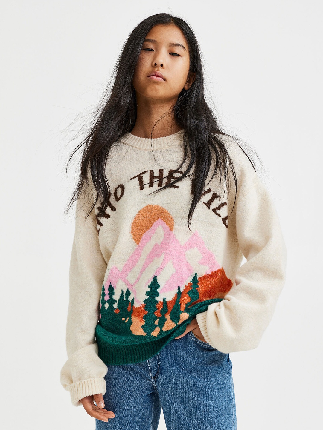 

H&M Girls Off White & Pink Graphic Design Jacquard-Knit jumper