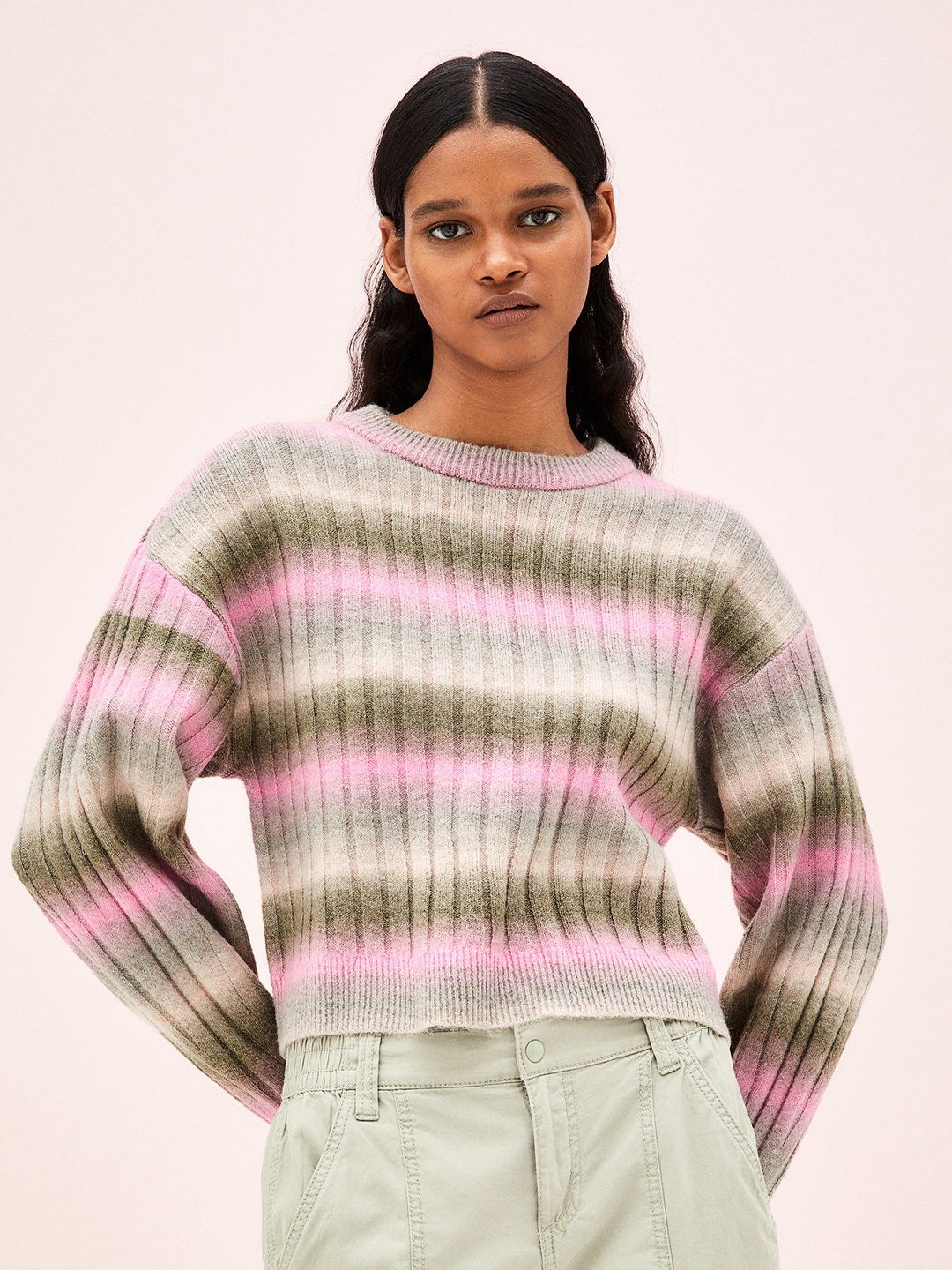 

H&M Women Green & Pink Rib-Knit Jumper