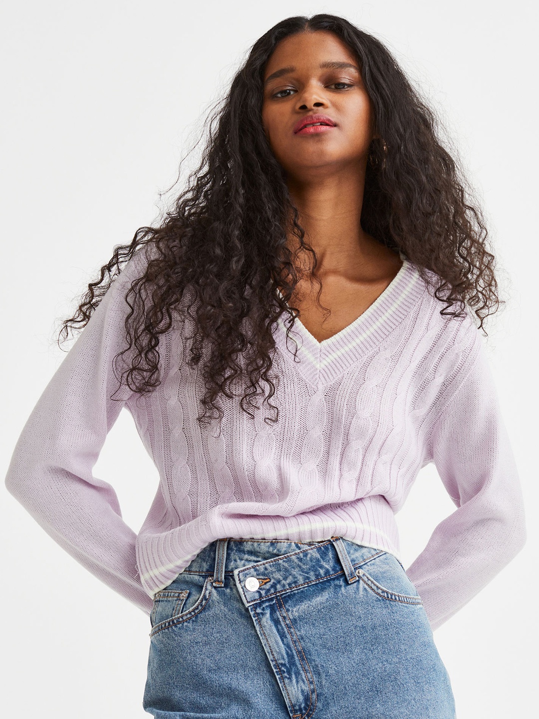 

H&M Women Lavender V-Neck Cable-Knit Jumper