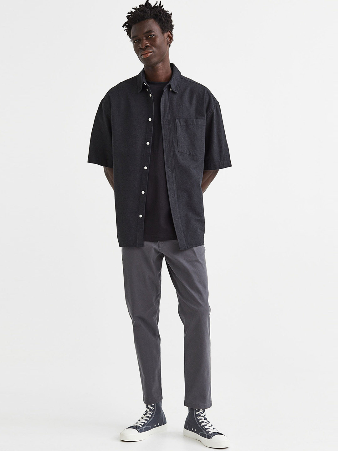 

H&M Men Slim Fit Cropped Cotton Chinos, Grey