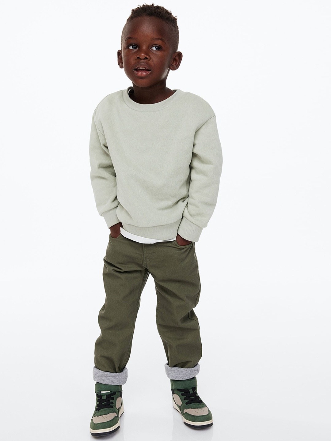 

H&M Boys Relaxed Fit Lined Twill Trousers, Green