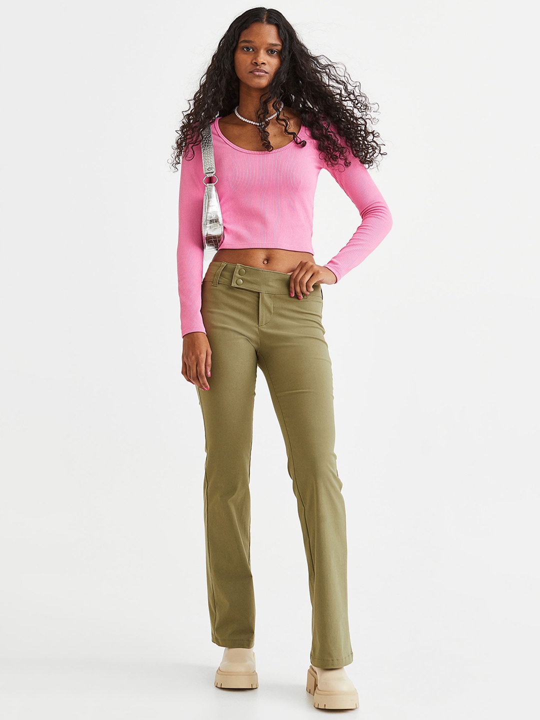 

H&M Women Olive Green Low-Waist Flared Trousers