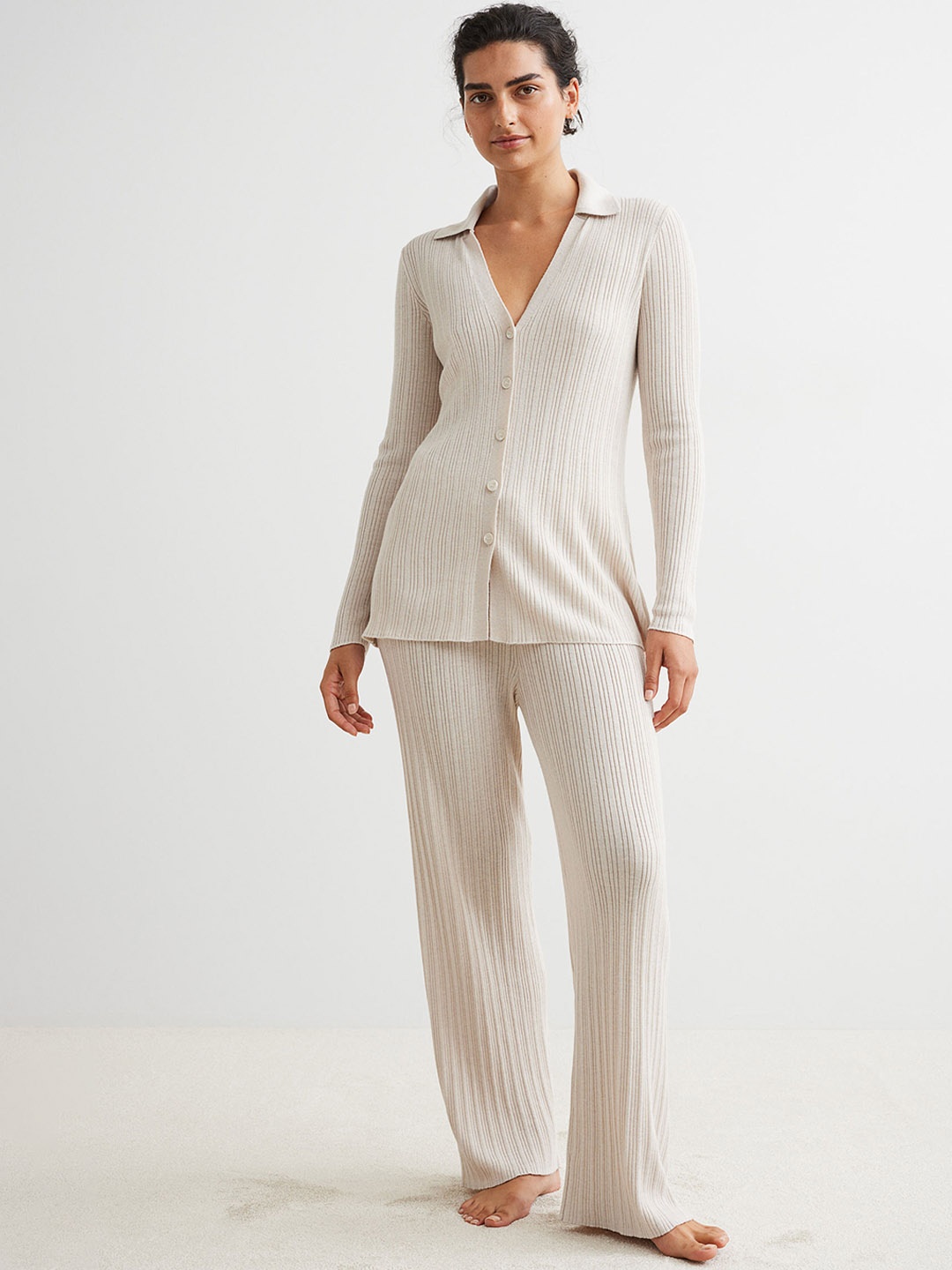 

H&M Women Ribbed Trousers, Beige