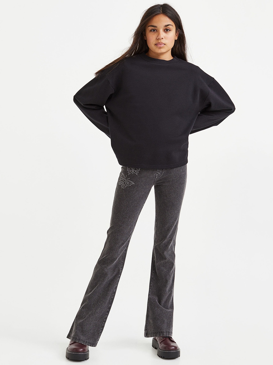 

H&M Girls Rhinestone-detail flared jeggings, Grey