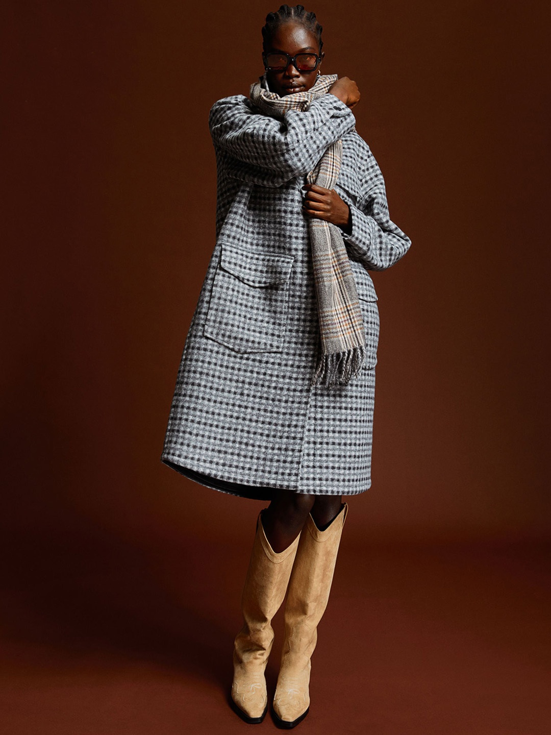 

H&M Women Grey Checked Long Shacket