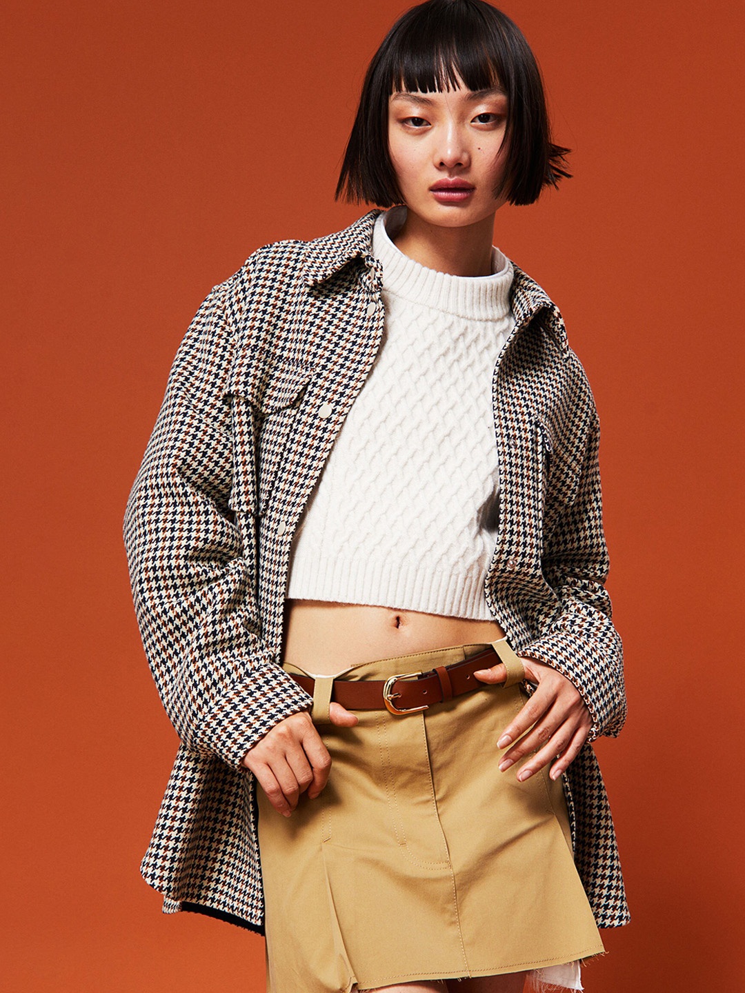 

H&M Women Checked Shacket, Beige