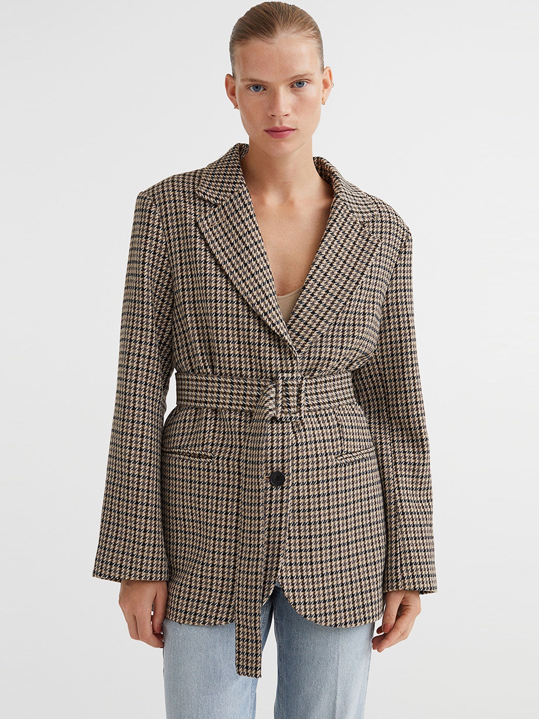

H&M Women Beige & Black Oversized Belted Jacket