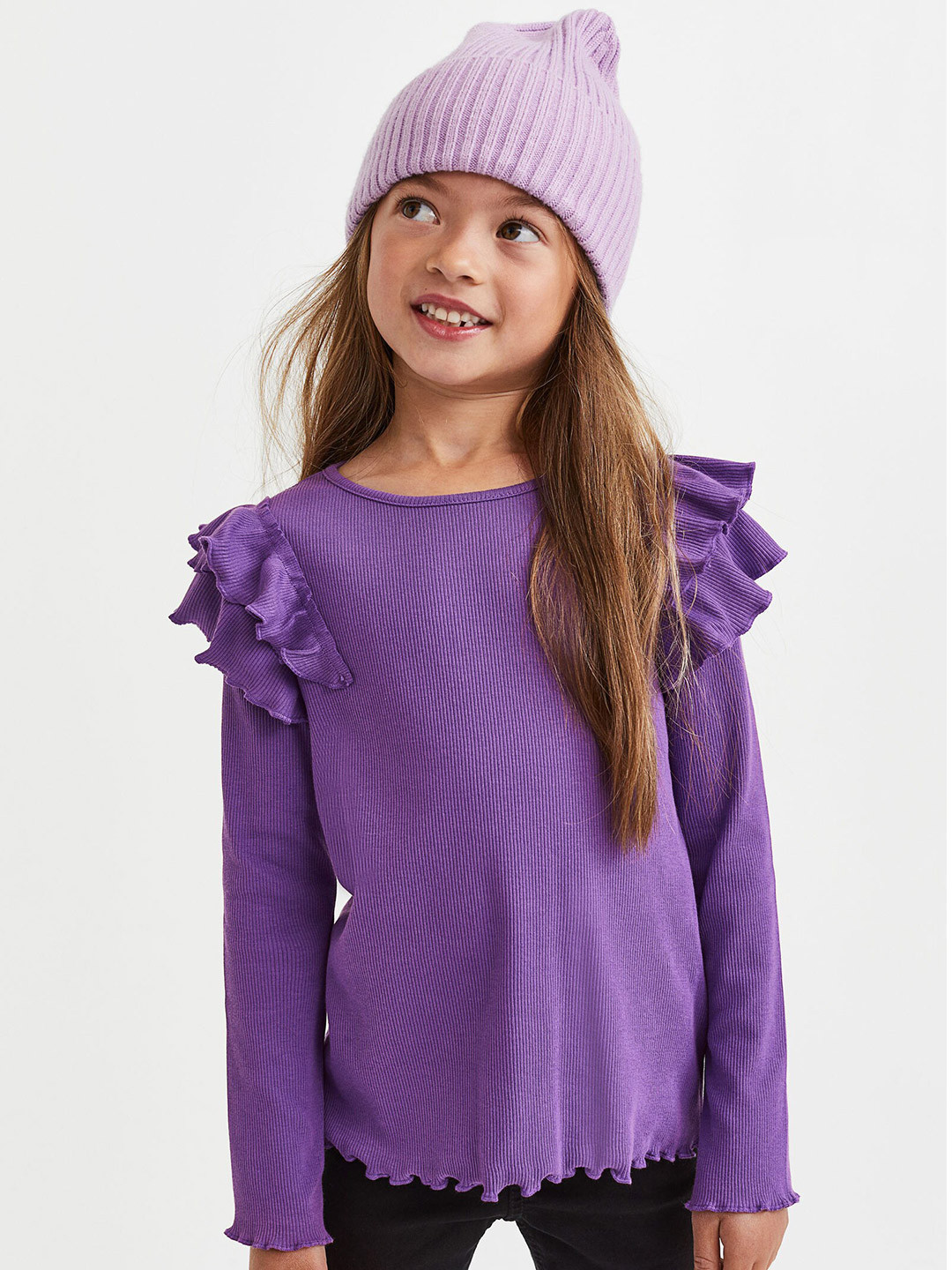 

H&M Girls Long-sleeved Ribbed Top, Purple