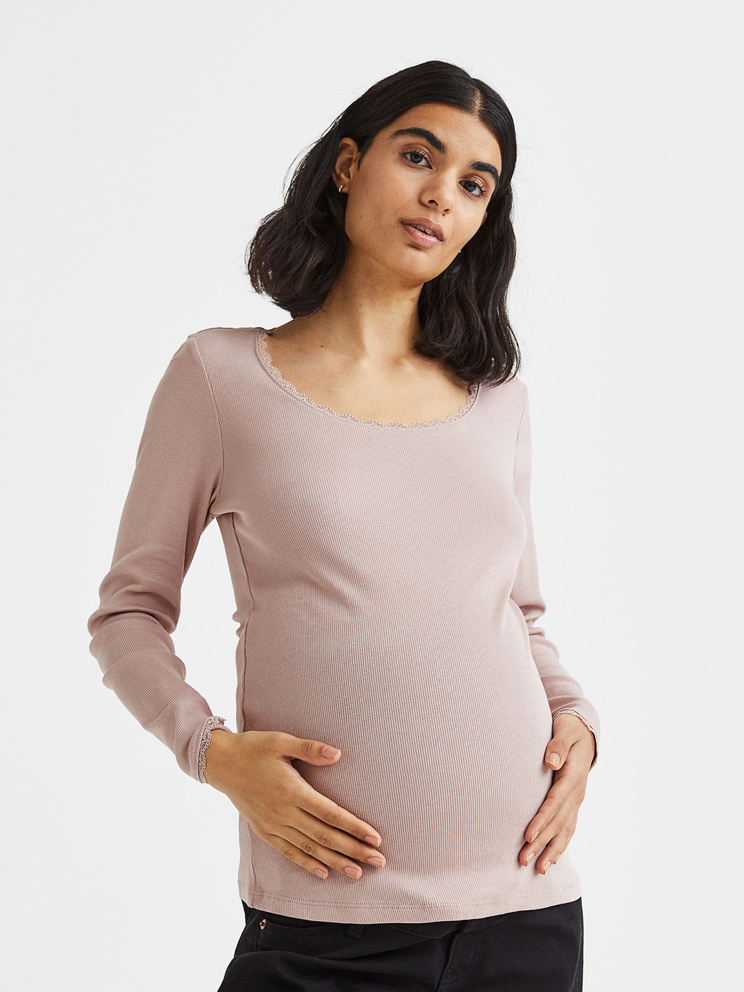 

H&M Women MAMA Lace-Trim Ribbed Top, Pink