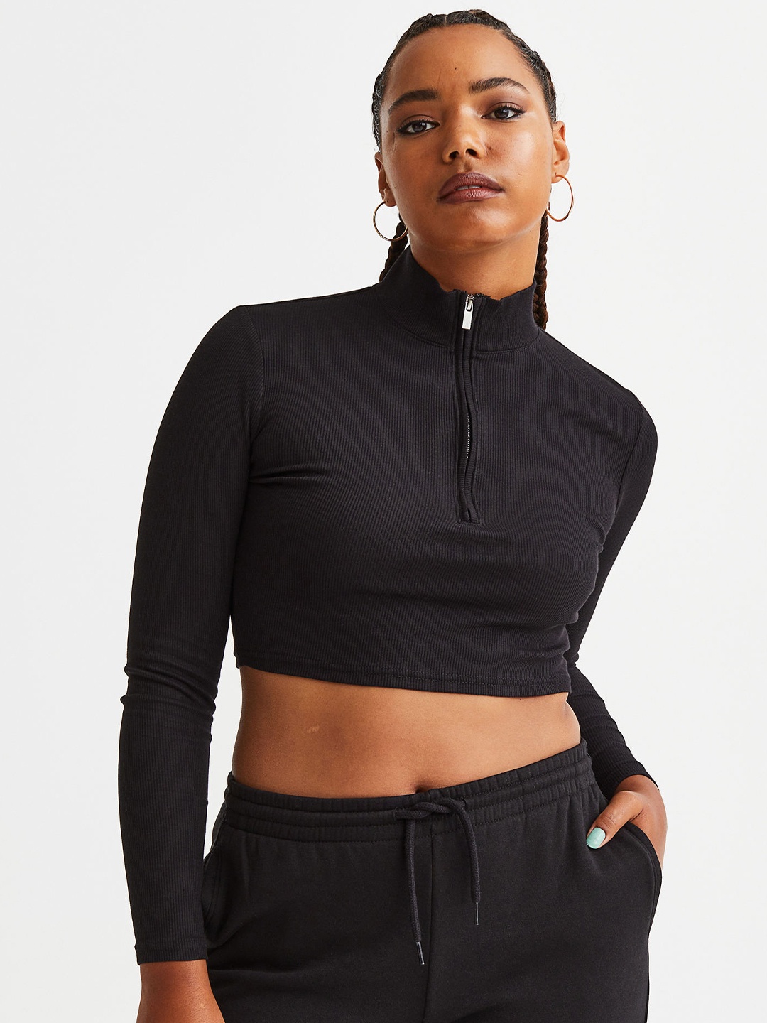 

H&M Black Solid Zip-Top Cropped Top