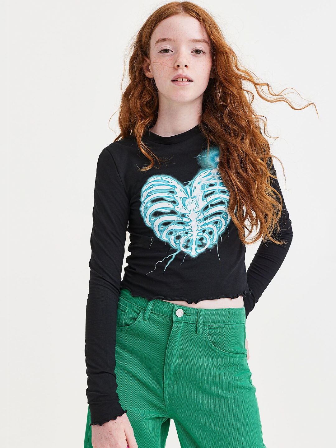 

H&M Girls Black Long-Sleeved Printed Top