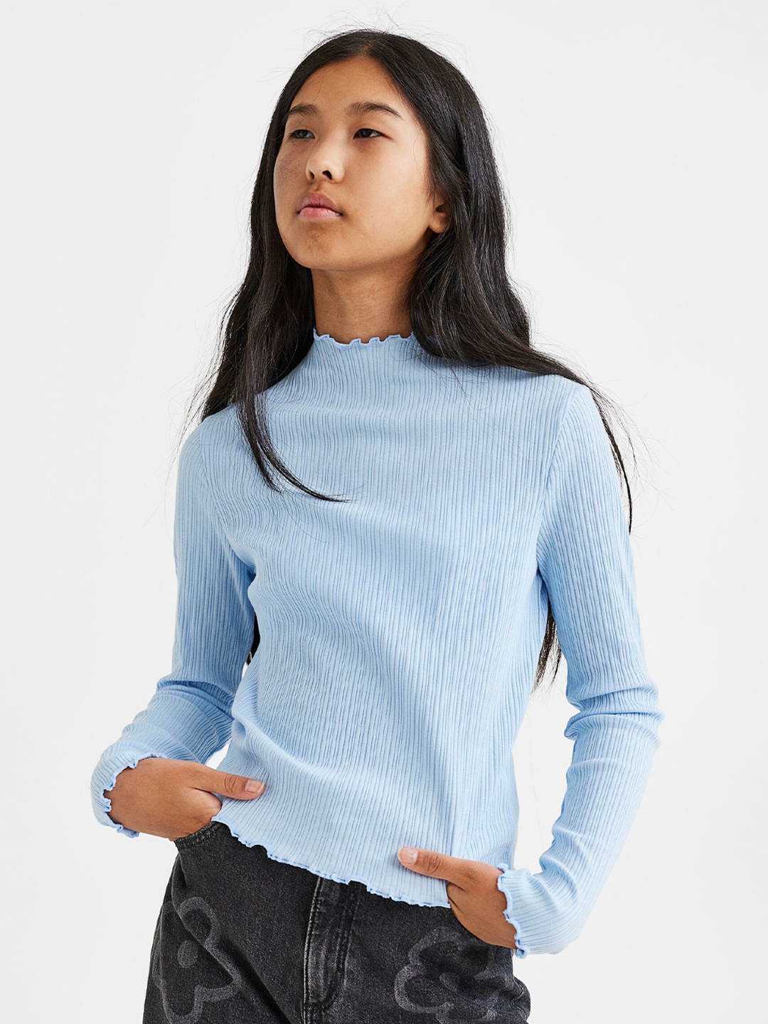 

H&M Girls Long-Sleeved Ribbed Top, Blue