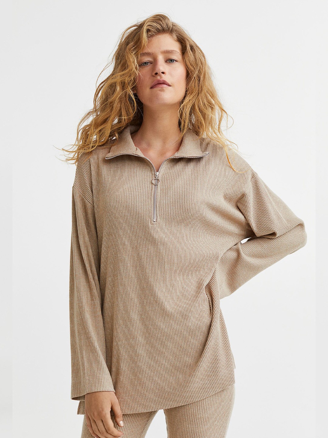 

H&M Beige Ribbed Half-Zip Top