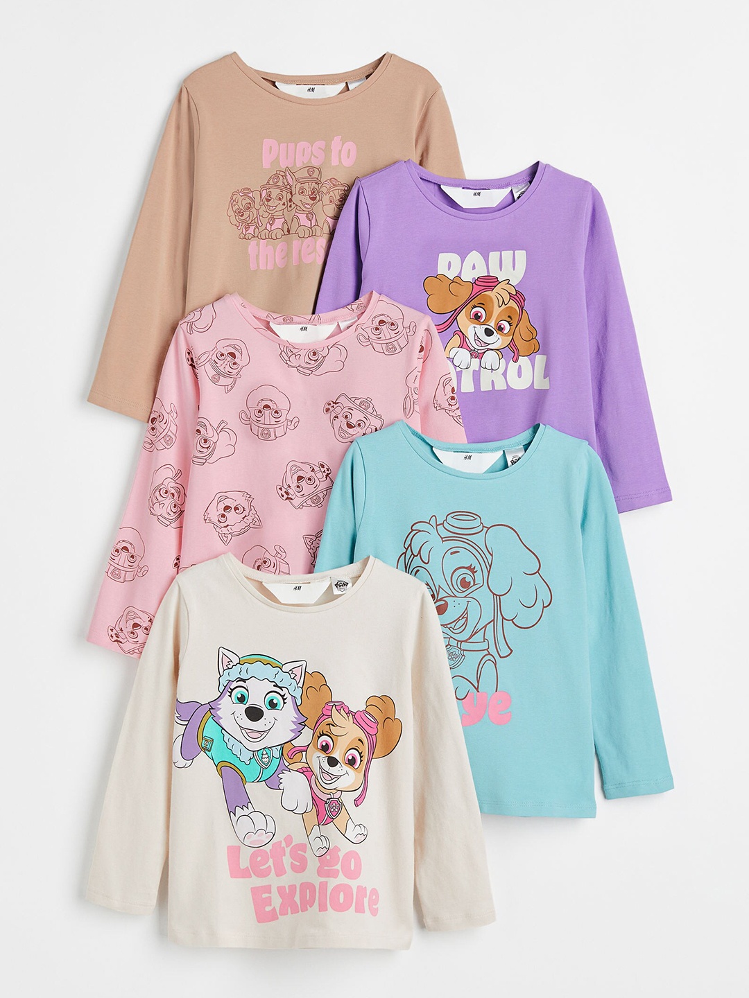 

H&M Girls 5-Pack Printed Tops, Beige