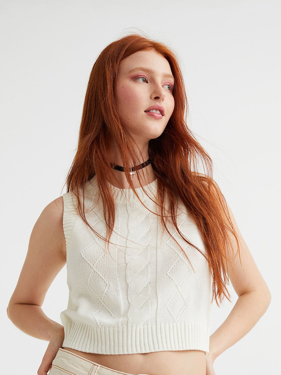 

H&M Women Self Design Crop Top, White