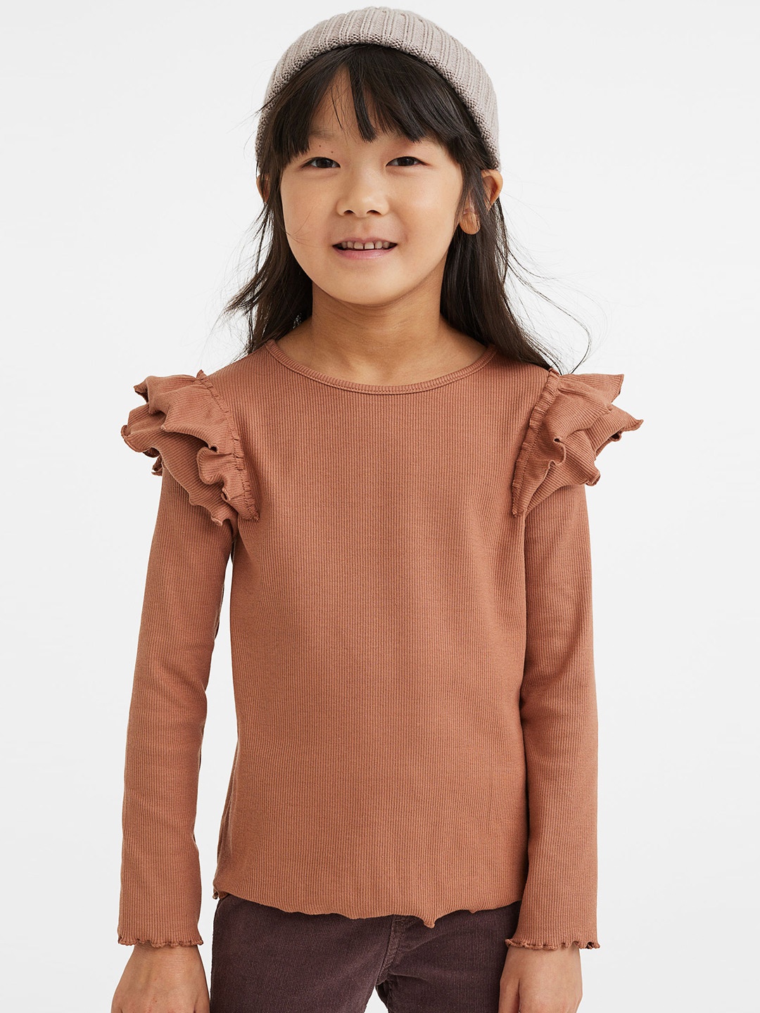 

H&M Girls Long-Sleeved Ribbed Top, Beige