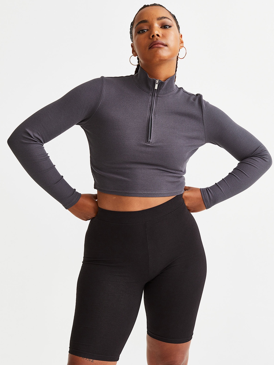 

H&M Women Grey Solid Zip-Top Cropped Top