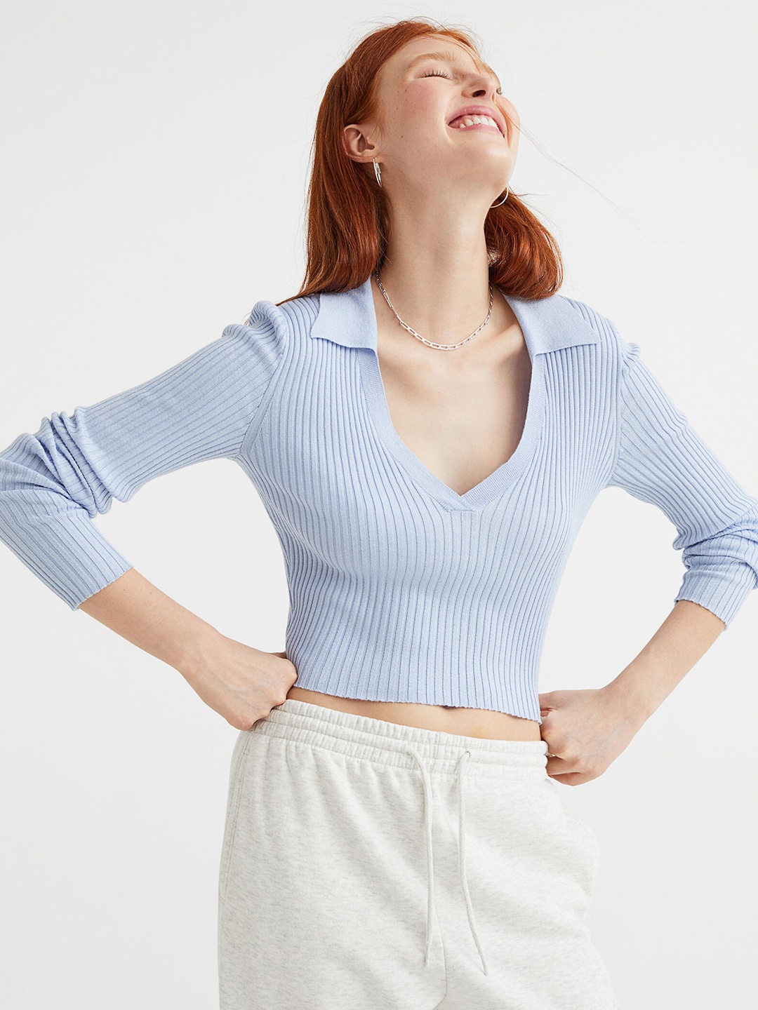 

H&M Women Collared Rib-Knit Top, Blue