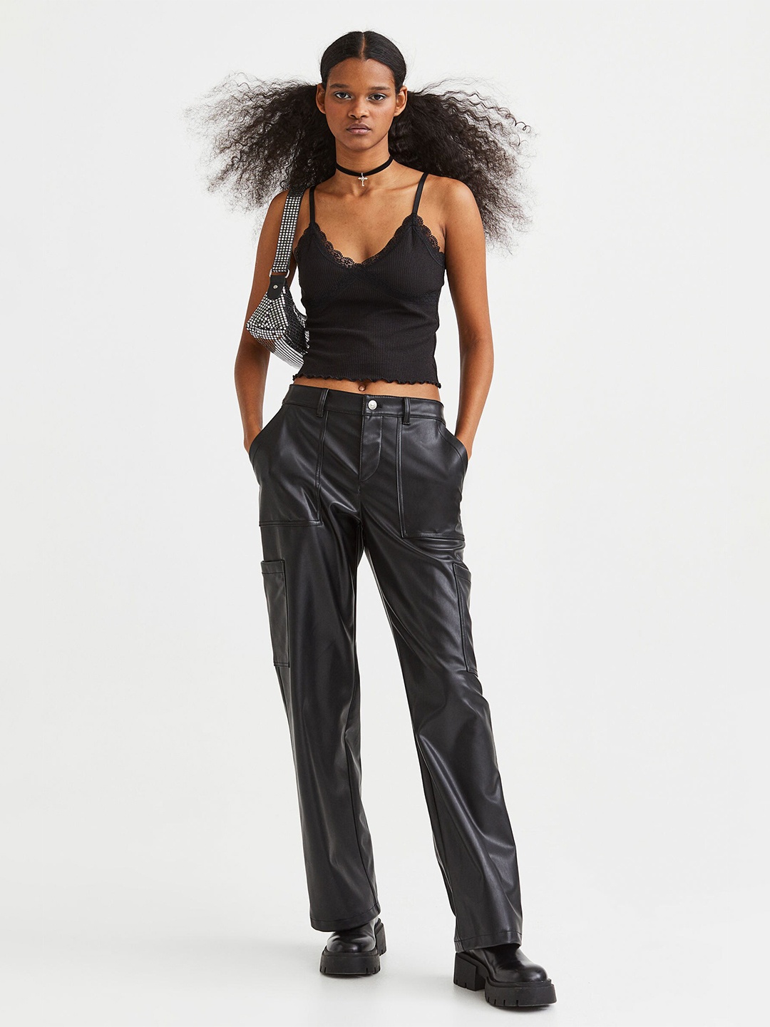 

H&M Black Solid Lace-Trimmed Ribbed Top