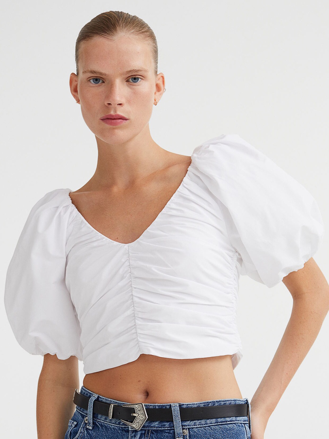 

H&M Gathered Puff-Sleeved Top, White